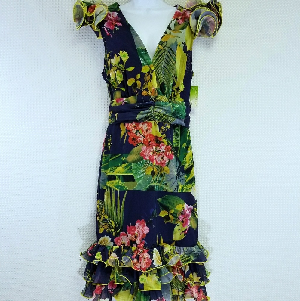 🆕Floral Mermaid Cocktail Party Ruffle Dress Sz L